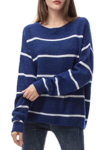 Jersey Mujer Punto Camiseta Manga Larga Sueter Invierno Jersey Rayas Basico Suelto Jerseys Camisa Tops Pull-Over Suéter Mujer Primavera Otoño Azul