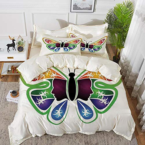 Juego de cama, microfibra,Mariposas, ilustración moderna de mariposa con silueta de mujer simbólica musa decoración decorativa, multi,1 juego de funda nórdica 135 x 2002 fundas de almohada 50x80cm