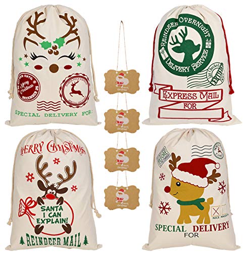 KEFAN Paquete de 4 Bolsas de Navidad Saco de Papá Noel Bolsa de Lona para Regalos Saco de Papá Noel con Cordones Tamaño Grande 70x50cm (Patrón 13)