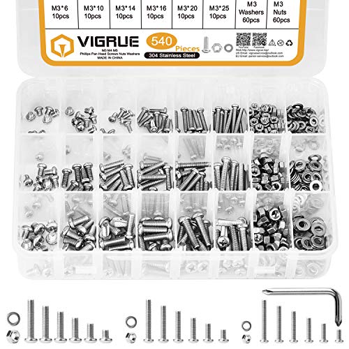 Kit de 810 tornillos en caja de surtido de pernos cabeza redonda fresada cruzada totalmente roscada de acero inoxidable con tuercas hexagonales