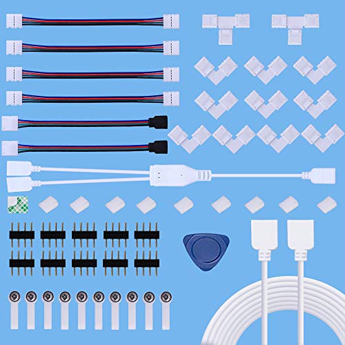Kit de Conector de Tira de LED,Kits de Conectores de Tiras LED sin Soldadura para 4 Pines 10 mm 5050 RGB con Cable Divisor de 2 Vías,Cable de Extensión de 2 M,Conector de Forma de T y L