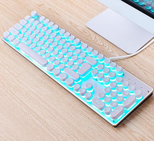 KUSO Teclado con cable con interruptores de retroiluminación LED naranja, teclas estándar antighosting estilo retro de máquina de escribir con teclas redondas para escribir juego (blanco * azul)