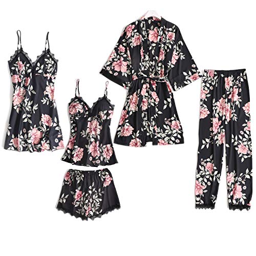 Lachi 2/5PCS Kimono Mujer Pijama Saten Conjunto de Bata Camisón Floral para Dormir Casa Ducha Noche Albornoces + Camisón+ Chaleco + Pantalones Cortos y Largo Satén Encaje Floral