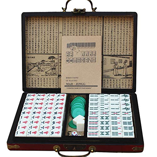 LEERAIN Dominó Chino Chino Tradicional Lujo Mahjongg/Mahjong Club Set PortáTil Juego Juego Azulejos 144 Piezas Juego Mesa para La Fiesta En Casa con Caja Cuero Estilo Retro,Red,30