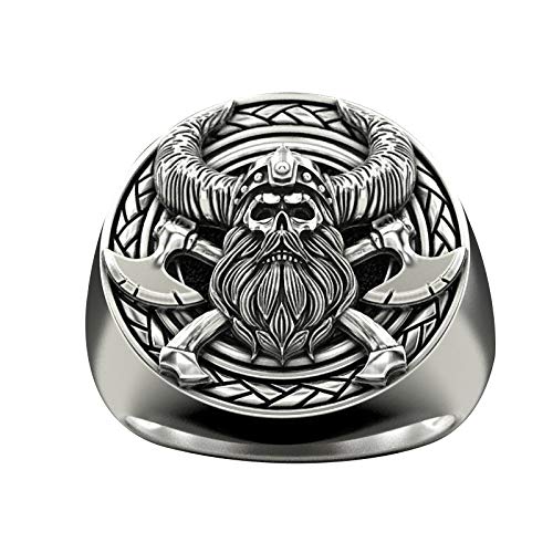 LH&BD Retro Creatividad Viking Skull Horned Warrior Bigache Battle AX Silver Biker Rider Ring Regalo,10