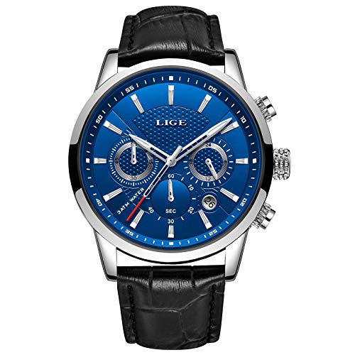 LIGE Reloj Hombre Moda CronóGrafo Impermeable Cuarzo AnalóGico Acero Inoxidable Cuero Brazalete Negocios Casual Calendario Reloj