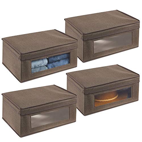 mDesign Juego de 4 cajas de almacenamiento – Organizador apilable grande y de fibra sintética con tapa y ventana de visualización – Cajas para ropa rectangulares para el dormitorio – marrón oscuro