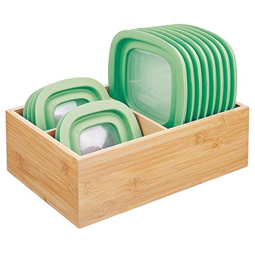 mDesign Organizador de tapaderas – Práctica caja de almacenaje con 3 compartimentos para ordenar tapas – Moderna caja organizadora para la despensa – color natural