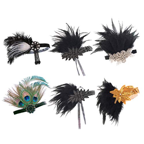 Milageto 6x Mujeres Plumas 20s 30s Tocado con Cuentas Flapper Diadema Accesorios para El Cabello