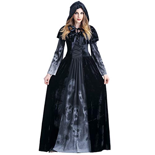 MMcloud Vampiresa Sacerdotisa Disfraz Cosplay, Bruja Fantasma Reina Fiesta Largo Vestido Capucha,Espeluznante Gotico Halloween