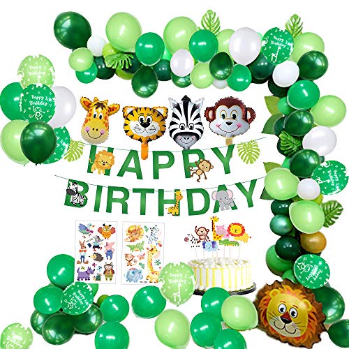 MMTX Selva Fiesta de cumpleaños Decoracion Niño-Feliz cumpleaños Feliz con Hojas de Palma Globos de Latex y Safari Bosque Animal Globos para Niño Cumpleaños Baby Shower Decoración (65 Piezas)