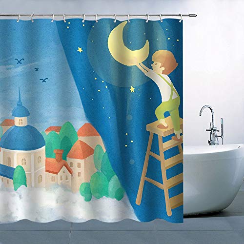 N\A Cortina de Ducha para niños Decoración Cielo Azul Nube Blanca Edificios Rojos Árboles Verdes Estrellas Amarillas Niño con Mamelucos Escalera de Escalada y Luna de Recogida Poliéster Impermeable