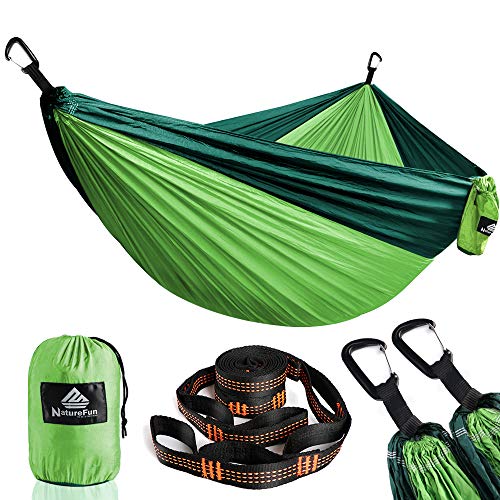 NatureFun Hamaca ultraligera para camping| 300kg de capacidad de carga, (300 x 200 cm) Estilo paracaídas de Nylon, transpirable y de secado rápido. 2 mosquetones premium, 2 eslingas de nylon incluidas