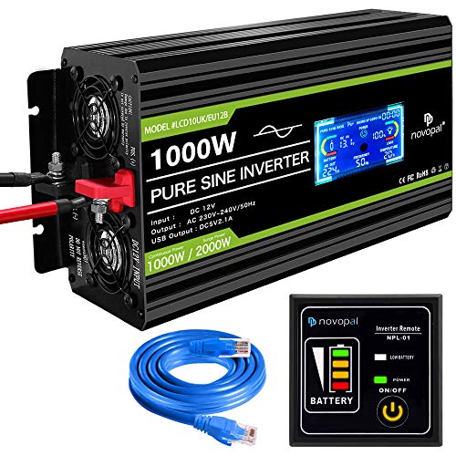 novopal - Inversor de energía de Onda sinusoidal Pura 1000W 12V CC a 230V / 240V CA convertidor de Pantalla LCD 2 Salidas AC inversor de Coche con un Puerto USB, Control Remoto de 5 Metros