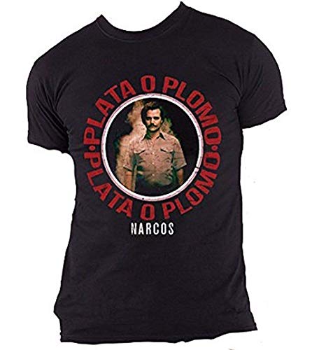 Official Narcos - Plateado O Plomo - Camiseta Oficial Hombre - Negro, Small