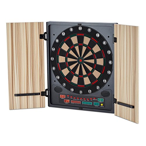 Oneconcept Dartmaster 180 - Diana automática, hasta 8 Jugadores, Rival Virtual con 5 Niveles, Display LED, 12 Dardos, Apoyo para Dardos, Punta de plástico, 27 Juegos, 2 Puertas, Marrón Claro