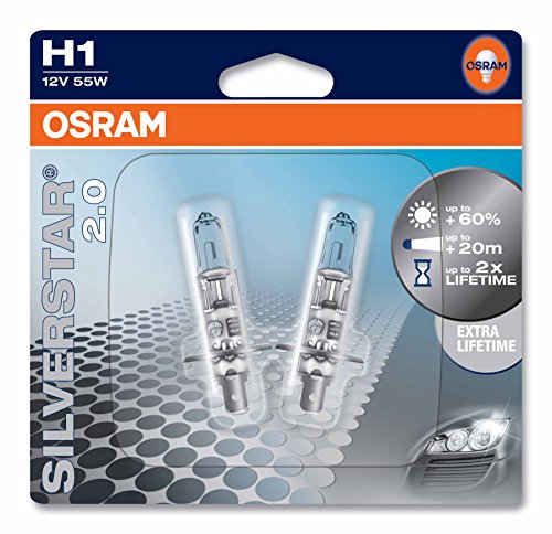 Osram 64150SV2-02B Silverstar 2.0 H1 Lámpara Halógena para Faro Principal, 60% más Luz, 12V, 55W, Casquillo P14.5S, Embalaje Blister Doble