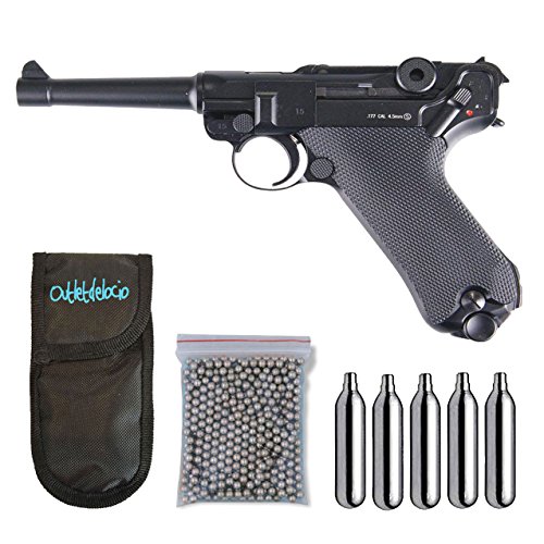 Outletdelocio. Pistola perdigon Luger P08 Blowback 4,5mm + Funda Portabombonas + Balines + Bombonas co2. 23054/29318/38123