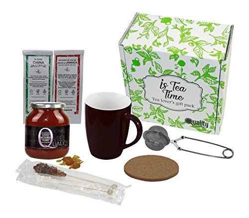 Pack Mister para Regalo y Degustación. Incluye: Infusiones (2), Taza (1), Infusor (1), Posavasos de corcho (1), Palitos de azúcar (2), Tarro de miel Mil Flores (500gr)