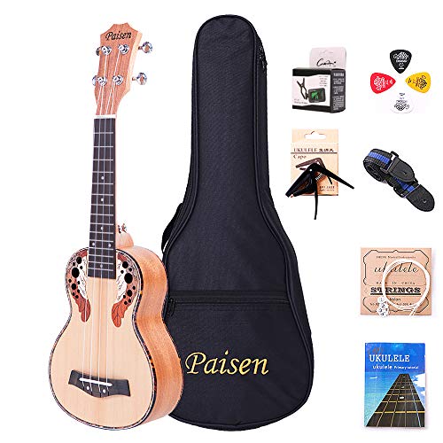 Paisen Spruce Panel Ukulele soprano de 21 pulgadas Hawaii Ukulele para principiantes y niños Enviar con bolsa Sintonizador de bolsa Capo Correa Selecciones Conjunto completo de accesorios