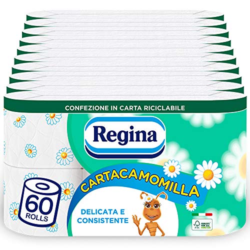 Papel higiénico Regina Cartacamomila | Paquete de 60 rollos | 300 tiras por rollo* | Delicado y consistente, ligeramente perfumado con esencia de manzanilla | Papel 100% certificado FSC