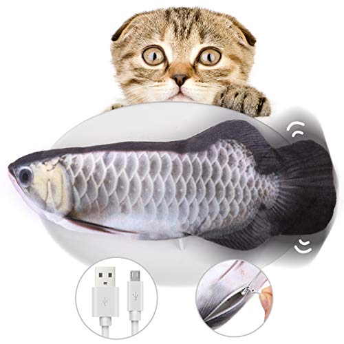 Pawaboo Juguete Eléctrico para Gato de Pez con Cremallera, Simulación Realista Pez Muñeca Eléctrica Recargable USB con Hierba Gatera, Juguete de Mascota Divertido Interactivo - Arowana Plateada