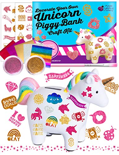 Purple Ladybug Kit de Hucha Infantil Unicornio para Niñas - Decora Huchas Originales con Adhesivos y Purpurina - Re-galos Originales de Unicornios para Niñas – Juegos de Manualidades y Creatividad