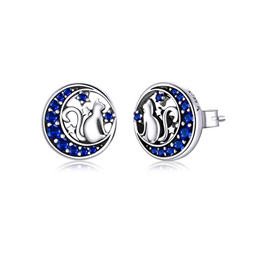 Qings Pendientes de Gatos de Plata - Aretes de Luna Azul para Niñas，Pendientes con Forma de Animales