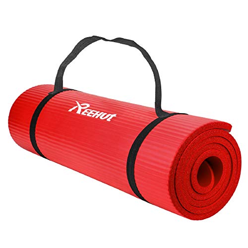 REEHUT Colchoneta de Yoga de NBR de Alta Densidad y Extra Gruesa de 12mm Diseñada para Pilates, Fitness y Entrenamiento - con Correa de Hombro 180cm x 61cm（Rojo）