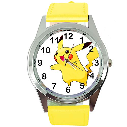 Reloj de cuarzo redondo de cuero amarillo para los fans de Pikachu