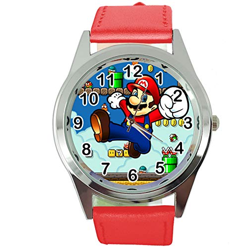 Reloj de cuarzo redondo rojo banda de cuero bigote fontanero