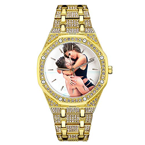 Reloj de Pulsera de Diamantes Completos de Acero Inoxidable Personalizado para Hombres - Reloj de Cristal para Mujer Helado Reloj y Pulsera Personalizados