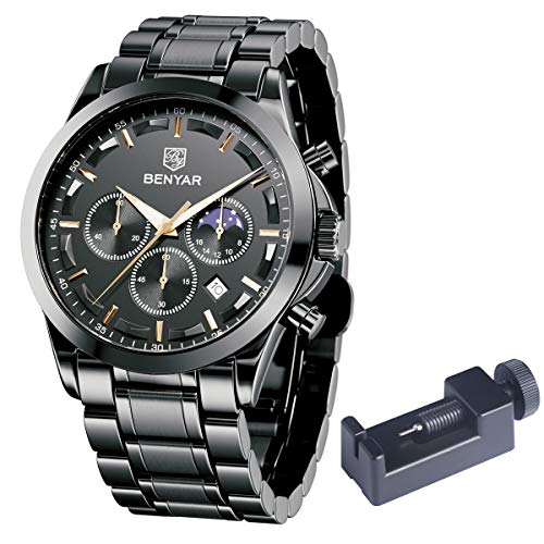 Relojes de Acero Inoxidable para Hombre BENYAR Cronografo Movimiento Cuarzo 3AMT Impermeable Diseño Casual de Negocios Relojes de Pulsera Regalo Elegante