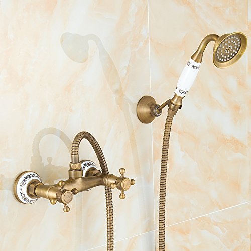 Retro Deluxe Grifo de ducha de baño envejecido, juego de grifos de ducha de cobre, cabezal de ducha de lluvia, cabezal de ducha de latón, montado en la pared, grifo mezclador de grifo