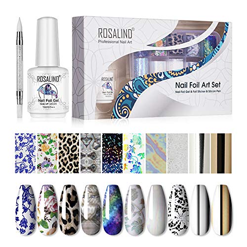 ROSALIND Nail Art Foil Glue 15ml y Foil Sticker 10 Rollos Nail Foil Transfer con 1 Nail Art Foil Brush, Apto para principiantes y profesionales