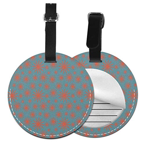 Round Travel Luggage Tags,Retro Vintage 60s 50s Inspired Flower On A Blue Tone Backdrop Image,Leather Baggage Tag