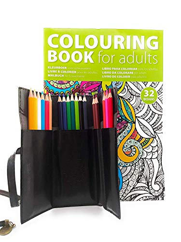 Set Libro de Colorear Mandalas para adultos y estuche enrollable de polipiel negro con 18 colores marca Liderpapel
