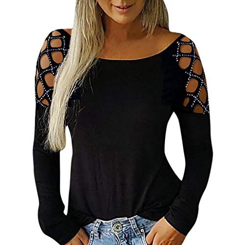 SHOBDW Mujeres Camisetas de Manga Larga Tallas Grandes Cuello en V sólido Camisa de Manga Larga Moda Casual Primavera Otoño Blusa Blusas Sueltas Diseño Cruzado Delantero Camiseta(Negro,S)