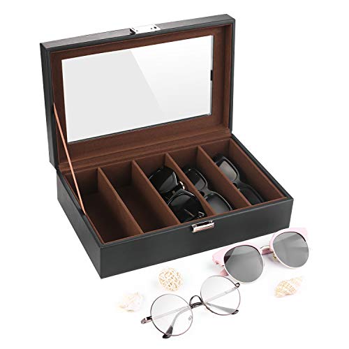 SHYOSUCCE 5 Ranuras Caja para Gafas con Ventana de Cristal Transparente, Organizador de Gafas para Guardar y Exhibir Gafas de Miopía, Gafas de Sol y Gafas de Lectura, Negro (29x18.5x8cm)
