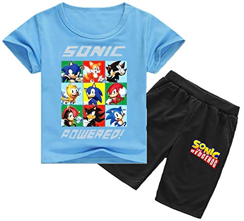 Silver Basic Tamaño de los Niños Sonic The Hedgehog Camiseta y Traje de Pantalones para Niños y Niñas Sonic Shadow Tails Disfraz de Cosplay Sonic Pijamas para Niños 130,Azul Sonic Team-3