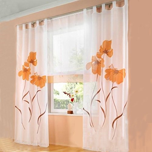 SIMPVALE 2 Paneles Cortinas Gasa Floral Visillos para Dormitorio Sala Balcón, Naranja, Ancho 150cm / Altura 260cm