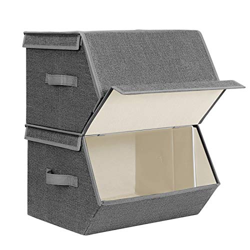 SONGMICS Set de 2 Cajas de Almacenaje con Aros Metálicos y Imánes Cubos de Tela Organizador Plegable con Tapa 38 x 35 x 25 cm Gris y Beige RYLB02G