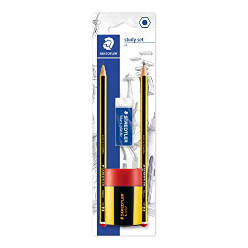 STAEDTLER 120 511BKD - Pack de 2 lápices de graduación HB, 1 sacapuntas y 1 goma de borrar