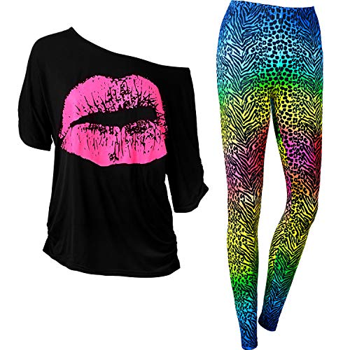 Syhood Conjunto de Disfraces de Mujer de los 80, Camiseta con Estampado de Labios y Pantalones Legging de los 80, Hombro Informal de Gran Tamaño (Estampado de Leopardo, XXL)