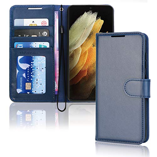 TECHGEAR Funda Compatible con Samsung Galaxy S21 Ultra - Magnético Carcasa Protectora de Cuero con Ranuras para Tarjetas, Soporte y Correa de muñeca - Polipiel para Samsung S21 Ultra Funda (Azul)