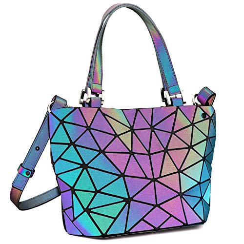 Tikea Bolsa Geométrica Luminosa Holográfica para Mujer, Bolsa Cruzada de Moda en Cuero Sintético, Bandolera con Manilla Reversible Efecto Reflectante