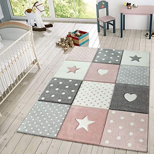 TT Home Alfombra Infantil De Juego Cuadros Puntos Estrella Luna Pastel Rosa Blanco Gris, Größe:160x230 cm