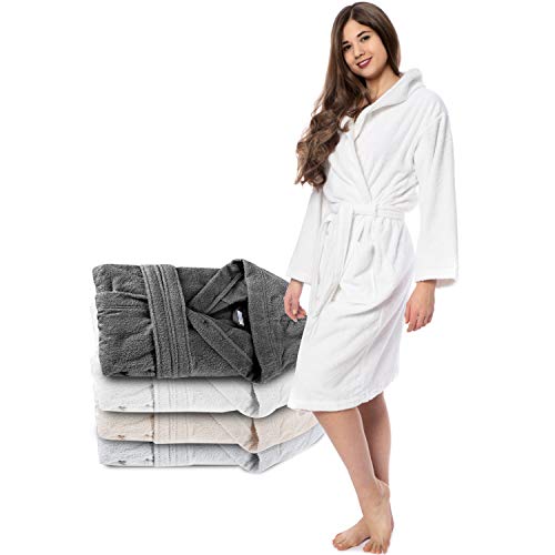 Twinzen Albornoz de Baño 100% Algodón con Capucha para Mujer (M, Blanco Alabastro) Certificado Oeko Tex - Bata Mujer 2 Bolsillos, Cinturón y Cierre - Suave, Absorbente y Cómodo.