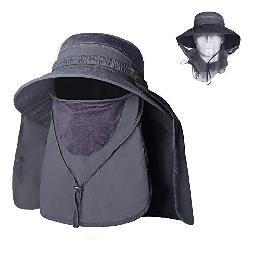 Unigear Sombrero para el Sol Gorro Pescador Anti-UV UPF50+ Gorra Pesca Solar ala Ancha Transpirable Multiusos con Velo y Mosquitera Protección Cuello Al Aire Libre (Gris Oscuro)