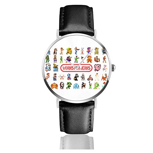 Unisex Business Casual Works For Jerks Consola de Juegos Retro Estilo Collage Relojes Reloj de Cuero de Cuarzo con Correa de Cuero Negro